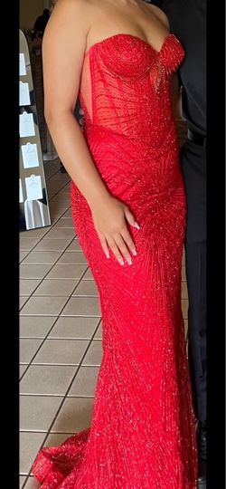 Red Beaded Strapless Formal Gown