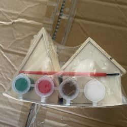 Craft Box Of Tiny Wood Houses With Paint & Brush