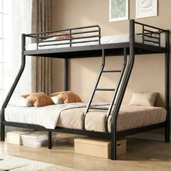 Twin Over Full Bunk Bed, Metal Bunk Beds with Ladder & Guardrail - Heavy Duty for Adults, Space Saving, No Box Spring Needed, Ideal for Dorms and Smal