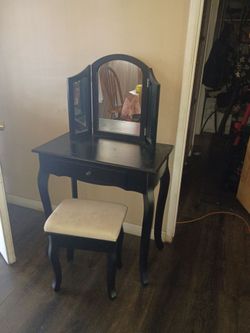 Vanity with mirrors drawer and bench with storage compartment