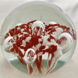 MCM, Mid Century Modern Art Glass Paperweight ; Red, White & Bubbles.