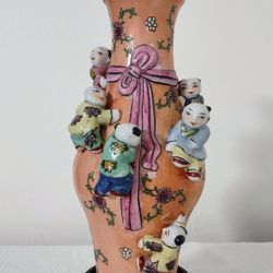 Vintage Mid Century Macau Chinese Fertility Vase 10” Porcelain 7 Children MCM;W/ Wood Stand.