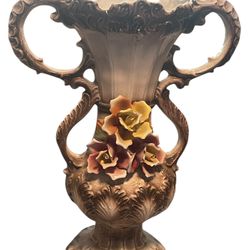 Vintage Porcelain Capodimonte Italian Floral Vase With Three Rosesand Two Handleni