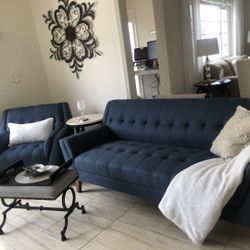 Blue Mid-Century Modern Tufted Sofa