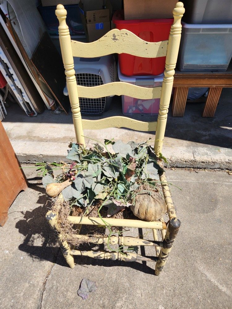 Whimsical Antique Distressed Chair with Faux  Greenery