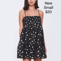 Forever 21 Black Chiffon Gold Polka Dot Dress Small