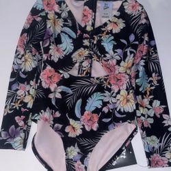 ART CLASS Girl's Black Floral Zip-Up Long-Sleeve Swimsuit 
