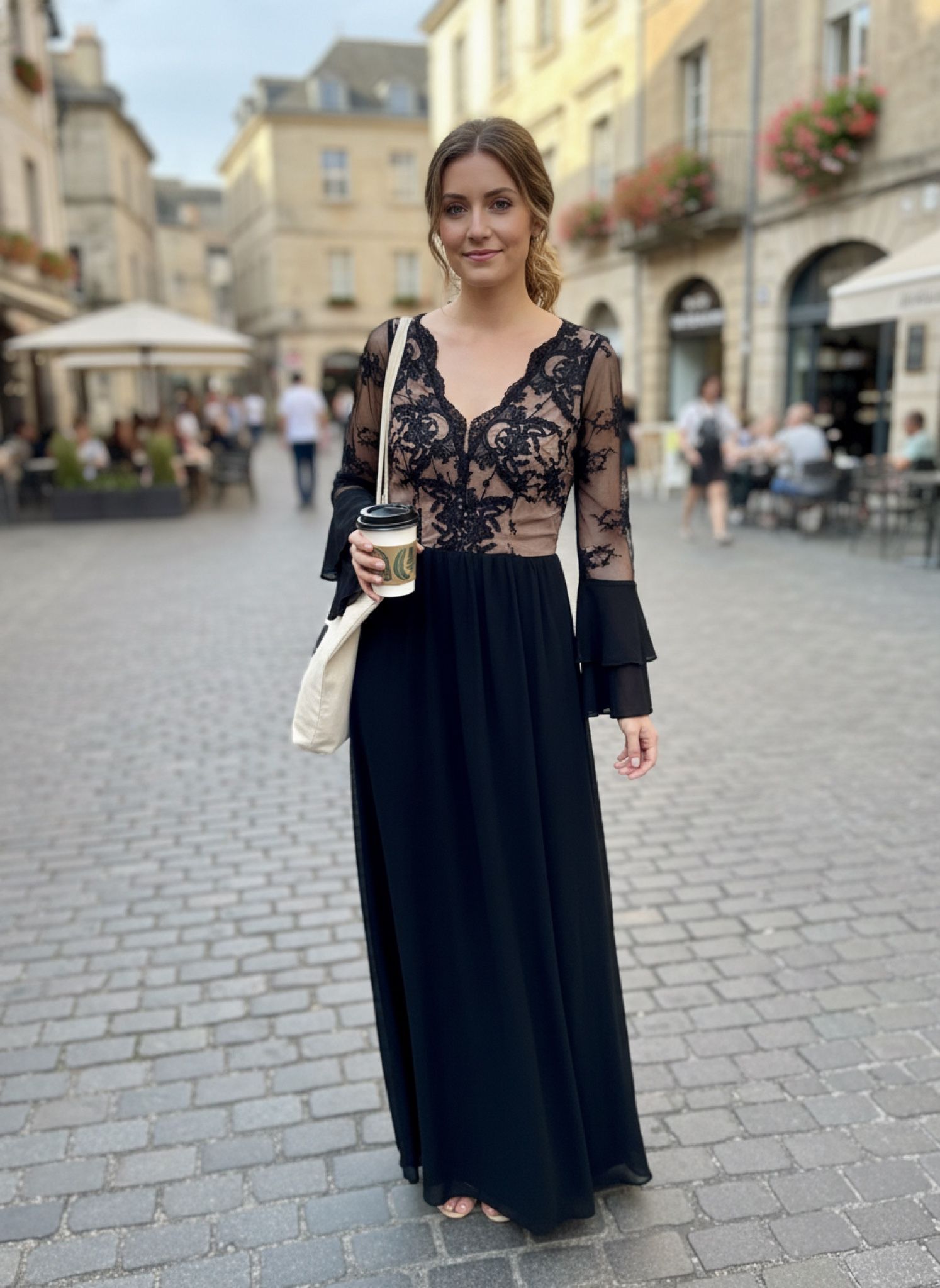 BLACK AND NUDE TULLE MAXI DRESS
