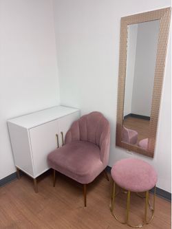 Pink Velvet Accent Chair and Stool, Gold Mirror and Buffet Cabinet