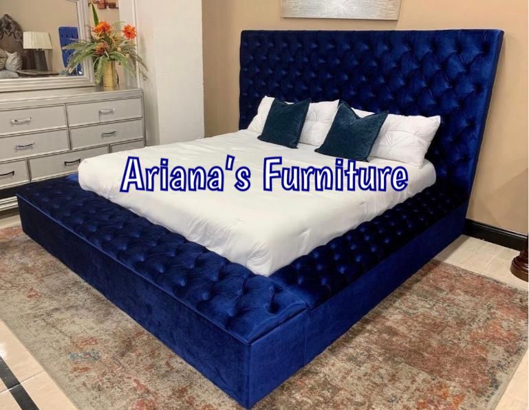 New Queen Blue Velvet Bed With Storage
