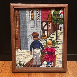Framed Needlepoint Street Scene Wall Art