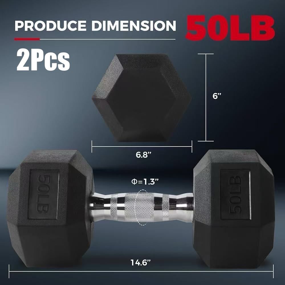 🥨2Pcs 50LBS RitFit Rubber Encased Hex Dumbbell Sets with Optional Rack for Home Gym, Coated Hand Weights for Strength Training, Workouts,