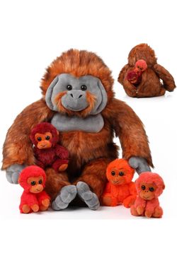 Lenwen 5 Pcs Plush Gorilla Orangutan Stuffed Animals Set 14 Inch Large Mommy Gorilla with 4 Baby Gorillas Zippered Gorilla Plushies for Birthday Gifts