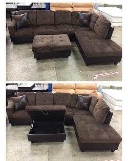 Brown microfiber sectional couch and ottoman