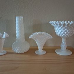 Vintage Fenton White Milk Glass Hobnail Vases