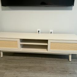 Modern Light Beige TV Stand with Rattan Doors – Entertainment Center