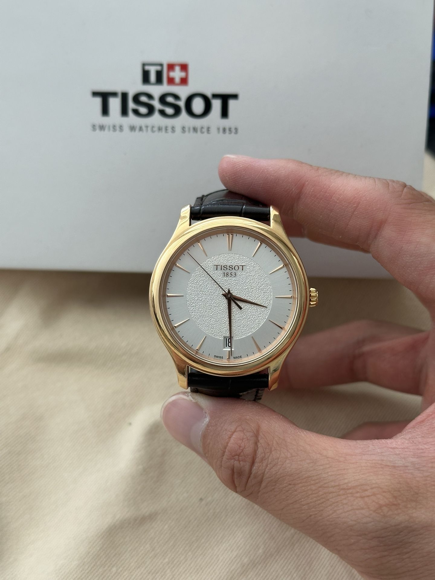 Men’s Tissot Solid 18kt Rose Gold Fascination  Watch Silver Dial Brown Leather Strap w/ Box and Papers Full Set 
