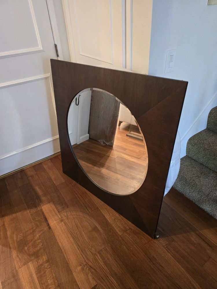 Beautiful Round Mirror In Square Wood Frame