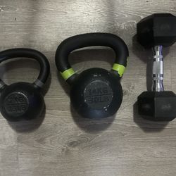 2 Kettle Bells And 1 Dumbbell Exercise Weights Gym