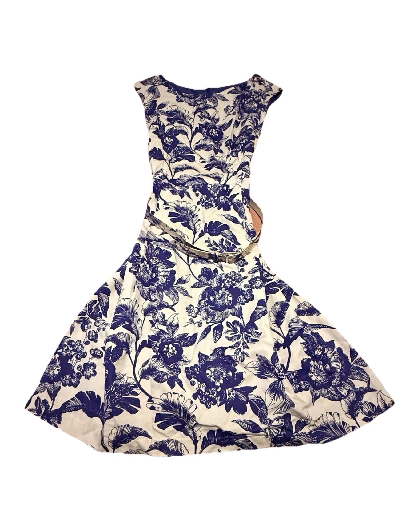 Adrianna Papell Women's Dress Size 16 Blue Floral Belt Chiffon A-Line Midi