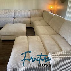 Beige Sectional With Wide Seating + Oversized Chaise + Large Ottoman $1299