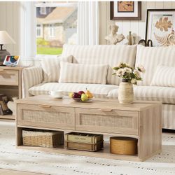 48" Farmhouse Boho Rattan Coffee Table with 2 Woven Drawers,Rectangular Coffee Tables with Hidden Storage Compartment,Curved Profile Design,Wooden Cen