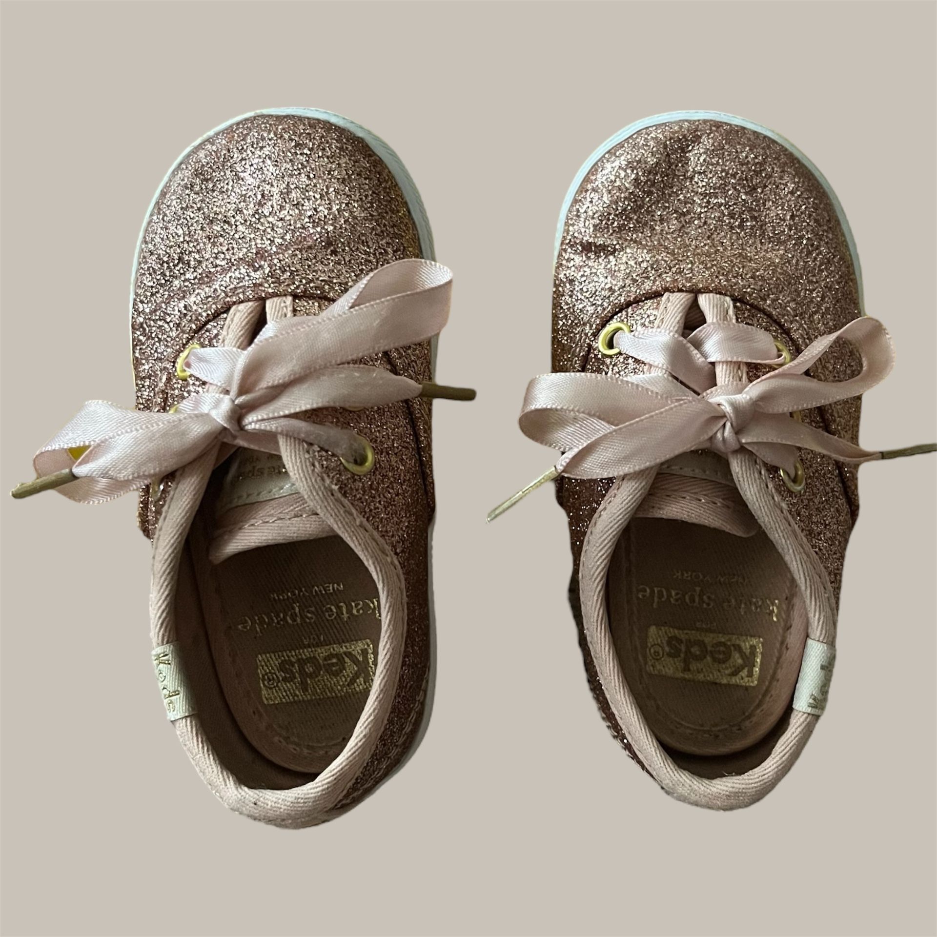 Keds for Kate Spade New York Champion Glitter Rose Gold Sneakers Size 4M Pink Satin Ribbon Lace Up Closure For a Snug Fit Cushioned Insole For All Da