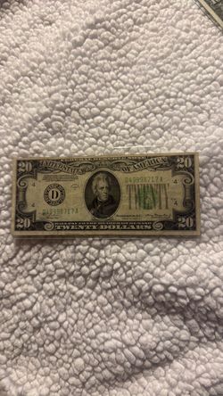 1934 $20 lemon green misaligned $80
