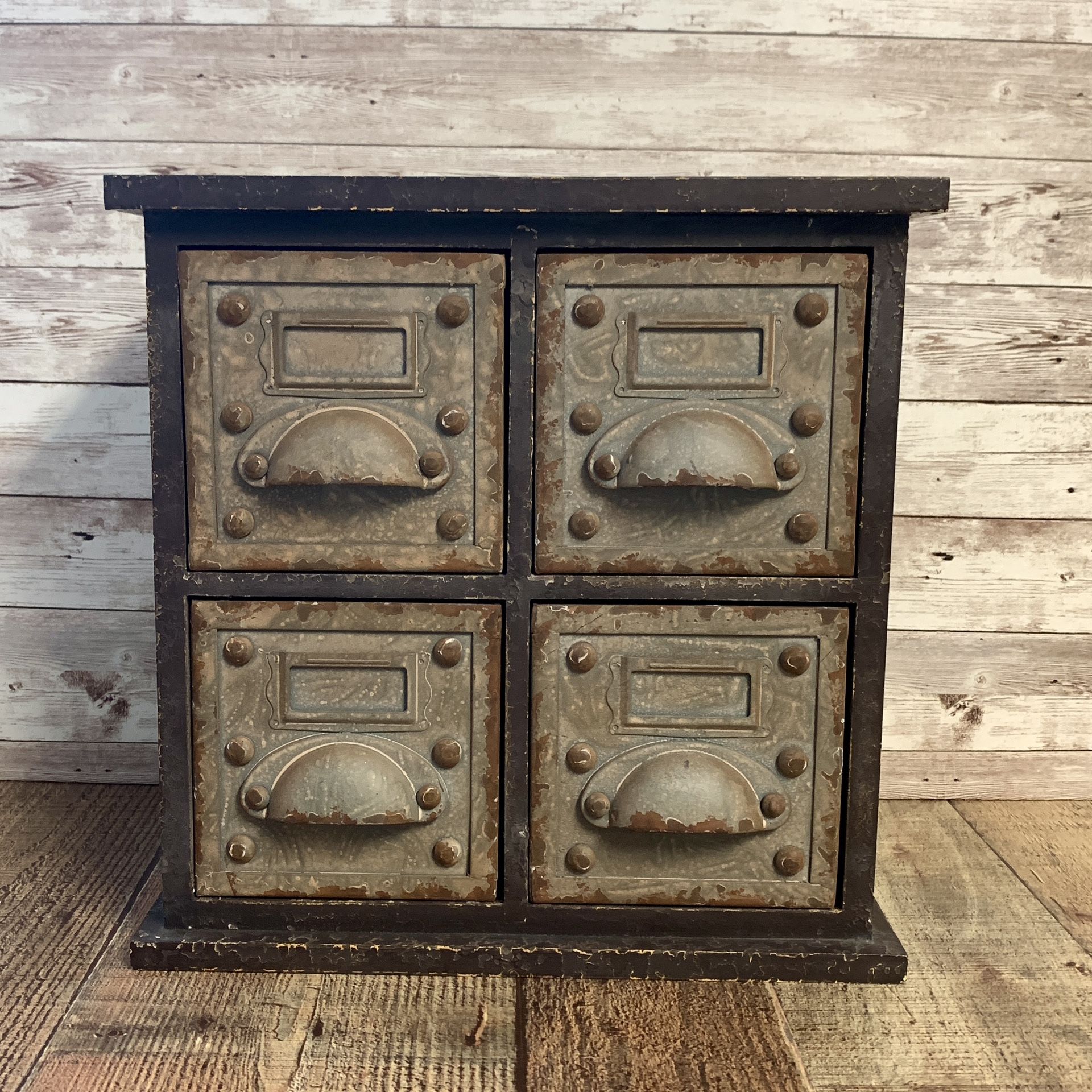 “Steam Punk” small chest of drawers. Metal, wood. New. 12x12x6 Near Lindsay.