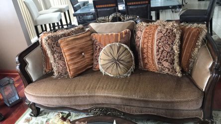 Living room set, sofa, love seat, side chairs, coffee table, sofa table and end tables