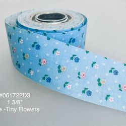5 Yds of 1 3/8” Vintage Cotton Ribbon Blue W/Tiny Flowers #061722D3