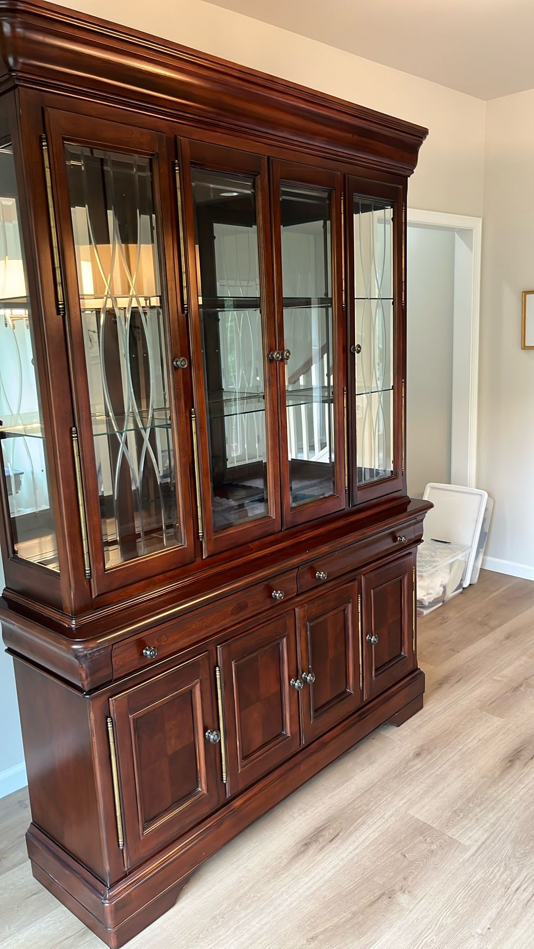 Solid Wood Cabinet with Glass Shelves and Storage Below