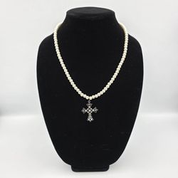 Faux Pearl Necklace & Cross Pendant with Multicolor Gemstones 11.5" Goth Style