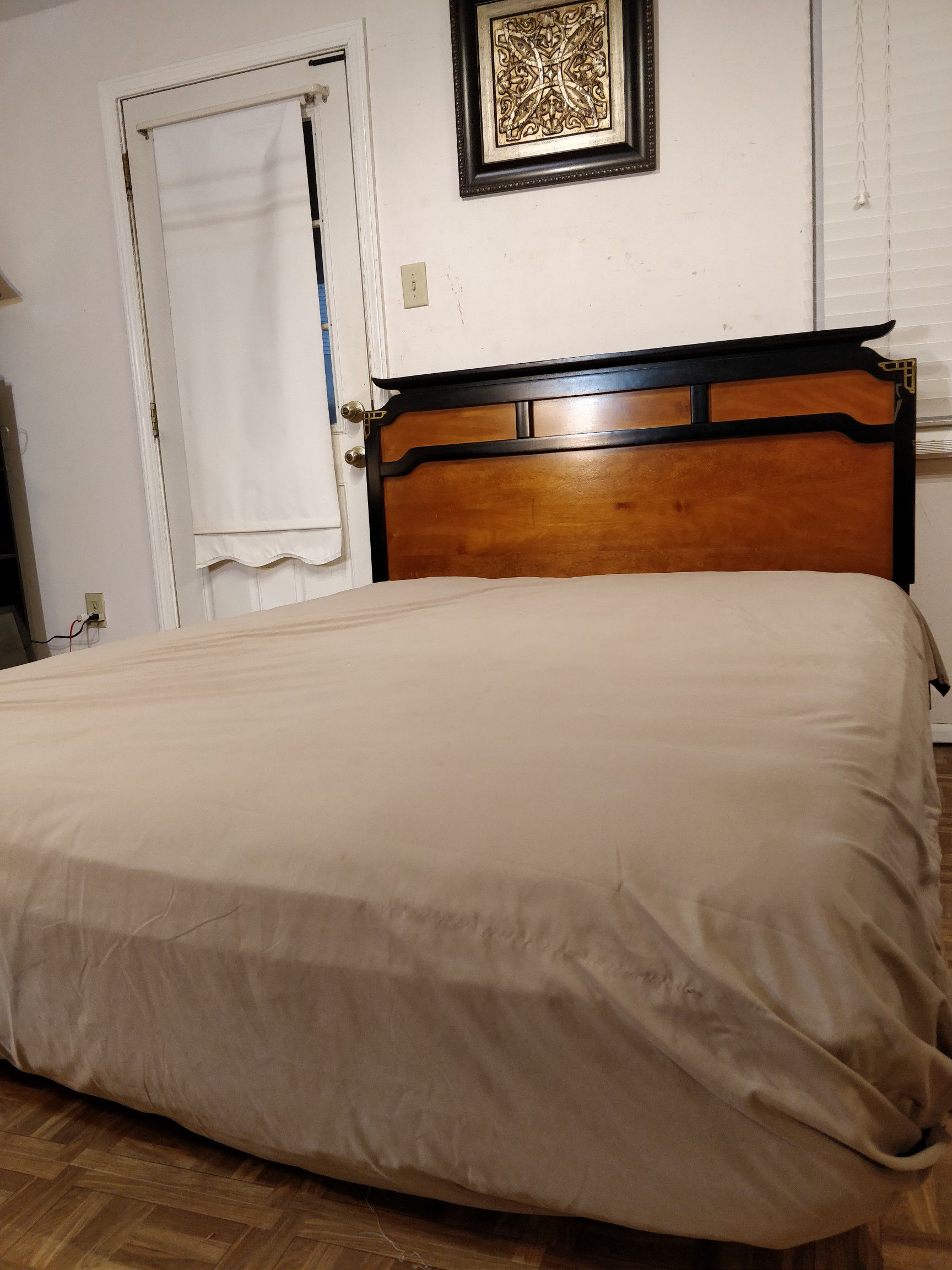 Nice wooden (BASSETT) queen bed frame with box spring and mattress in great condition, made in USA.