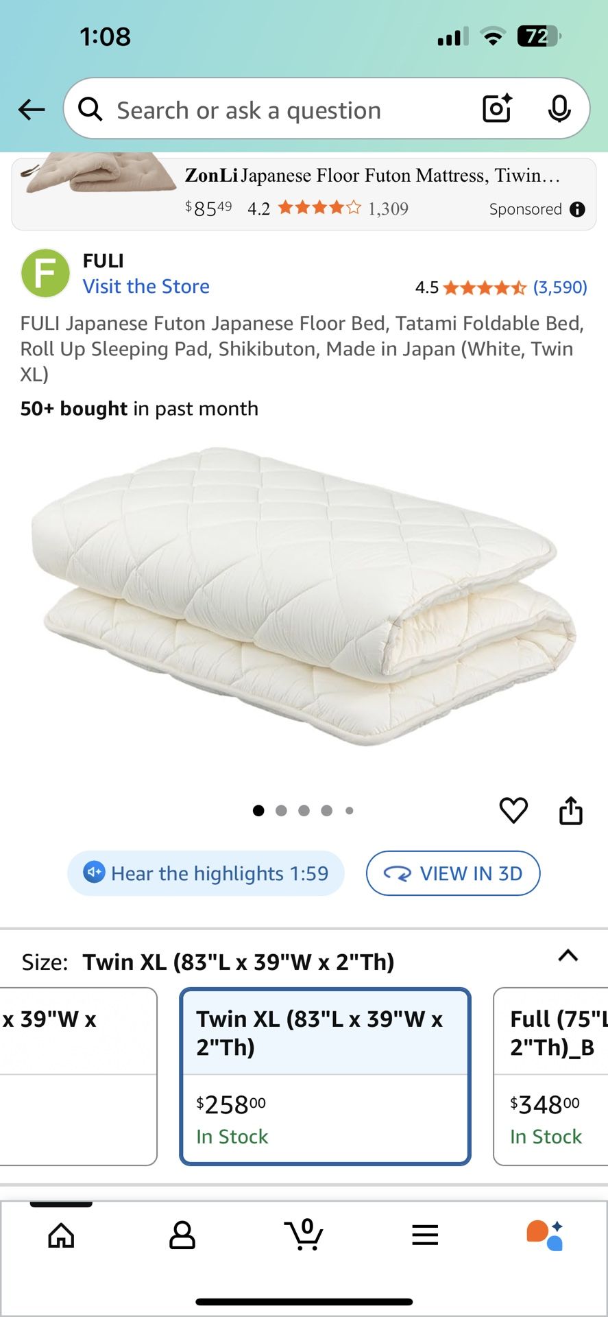 FULI Japanese Futon Japanese Floor Bed, Tatami Foldable Bed, Roll Up Sleeping Pad, Shikibuton, Made in Japan (White, Twin XL)