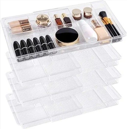 4 Pack Expandable Drawer Organizer 11.1” to 19.2” Width, Shallow Cosmetic Organizer 1.3” Height