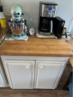 Solid wood kitchen storage hutch with butchers block