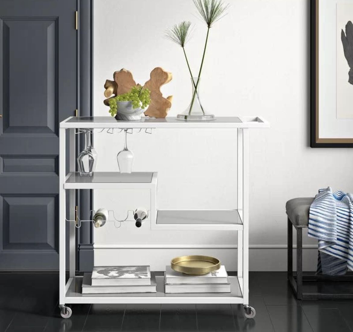 White Metal Rolling Bar Cart (Plant Stand Shelves)