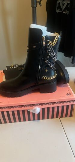 Black Combat Boots with Gold Chain Detail