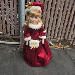 Christmas Girl Figurine Doll Decor, Red Dress, Santa Hat, Gold Cape