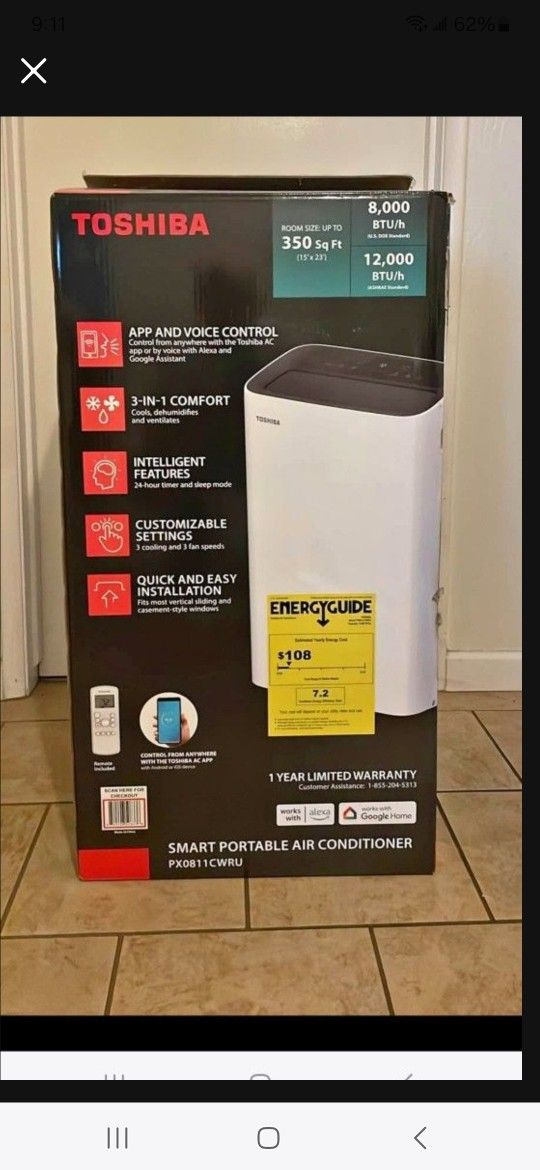 8,000 BTU (12,000 BTU ASHRAE) 115-Volt Smart Wi-Fi Portable Air Conditioner up to 350 sq. ft. Cools and Dehumidifies