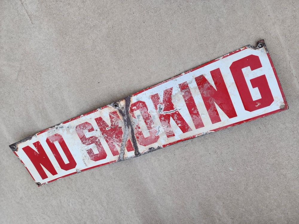 Vintage Porcelain No Smoking Red & White Sign Industrial Gas Station