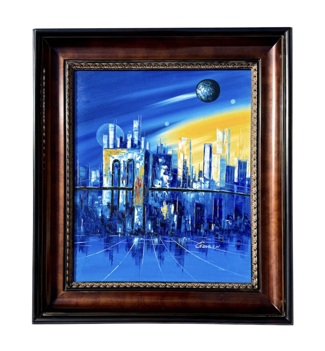⭕️ Large Futuristic Cityscape Painting – Signed – Framed