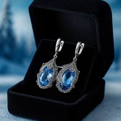 Elegant Blue Gemstone Drop Earrings for Women – Vintage Silver Design