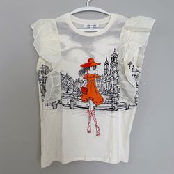 Woman’s Graphic Tee with Ruffle Sleeve, Women’s Top Size Medium