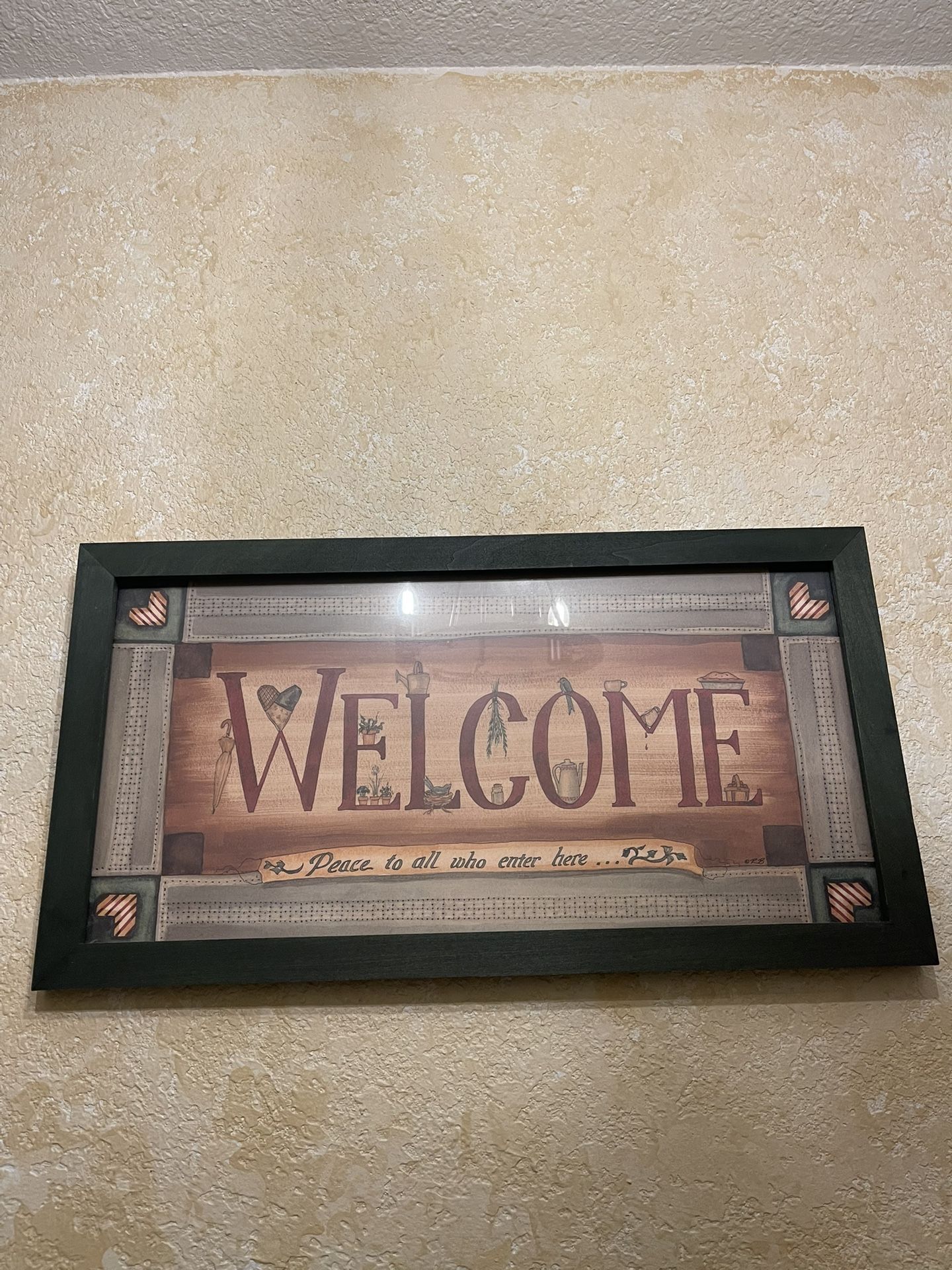 Dark Green Wood Framed Glass WELCOME Art 21 1/4” X 11 1/4”
