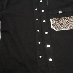 Amiri Black Denim Jacket With Leopark Skin At The Poket