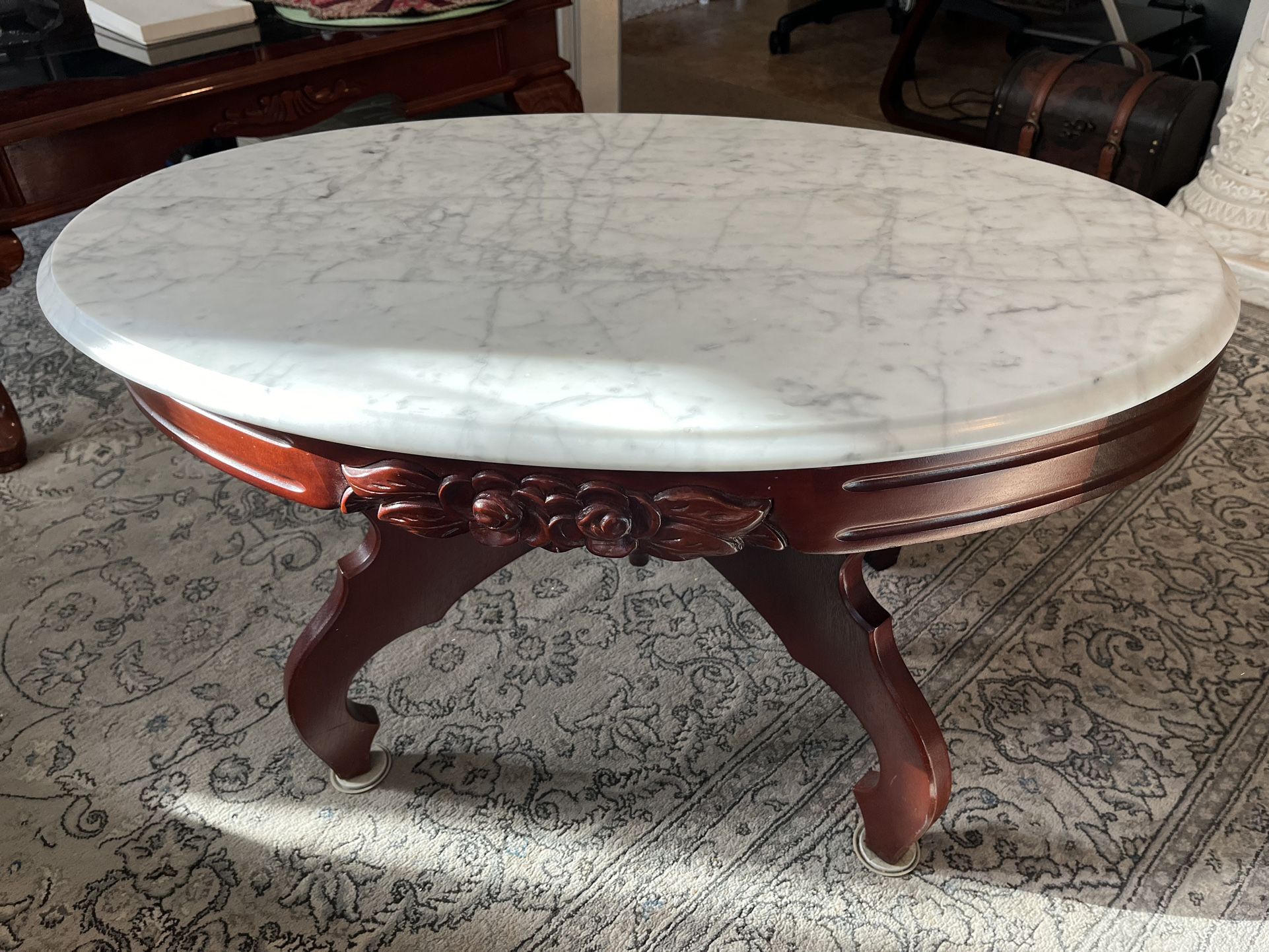 Late 20th Century Cherry Lyre Coffee Table with Italian Marble/Wooden Base and Flower Embellishment