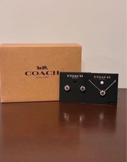 COACH Open Stone Stud Earrings  & Open Circle Stone Necklace Silver Set