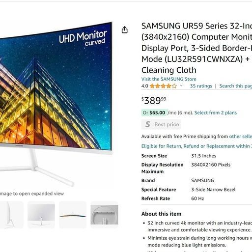 SAMSUNG UR59 Series 32-Inch 4K (3840x2160) Computer Monitor, Curved